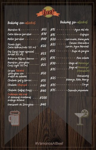 Menú beef bebidas